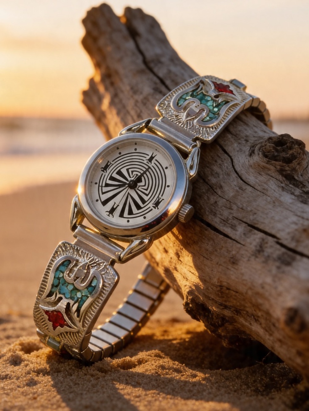 Navajo 925 Silver Tips With Inlaid Coral & Turquoise - Silver Indian Maze Watch